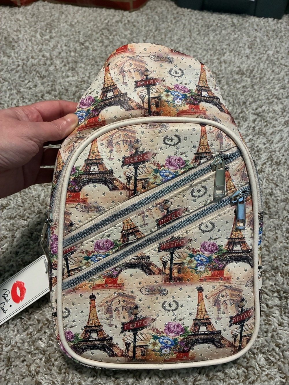 Paris Print Cream Crossbody Sling Bag